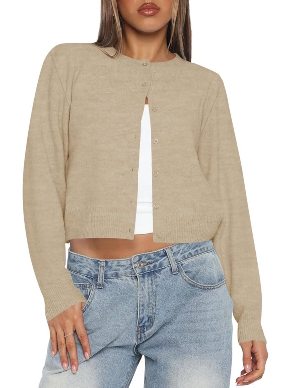 Women's Apricot Long Sleeve Button Up Cropped Imported Cardigan Sweaters